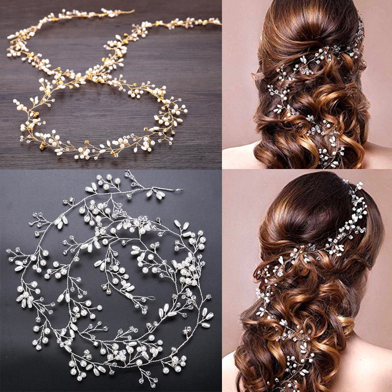 35/50cm Long Bridal Handmade Crystal Pearl Hair Band Headdress Wedding Hair Accessories Beads Headband Jewelry Fashion Headdress