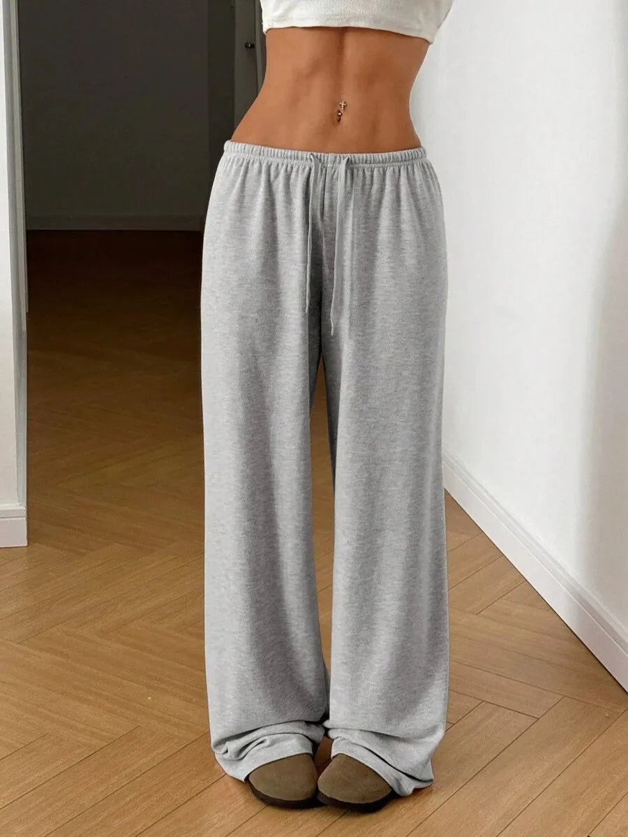 Elegant Solid High Waist Baggy Pants Fashion Women Loose Drawstring Pocket Wide Leg Pants Casual Sweatpant Streetwear Trousers
