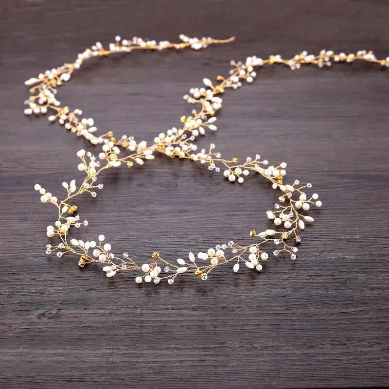 35/50cm Long Bridal Handmade Crystal Pearl Hair Band Headdress Wedding Hair Accessories Beads Headband Jewelry Fashion Headdress