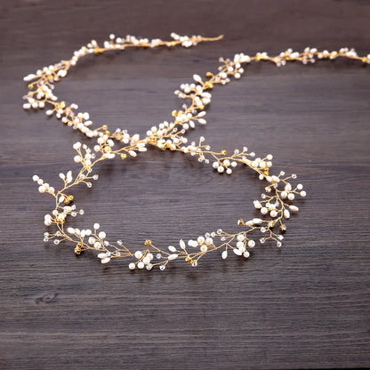 35/50cm Long Bridal Handmade Crystal Pearl Hair Band Headdress Wedding Hair Accessories Beads Headband Jewelry Fashion Headdress