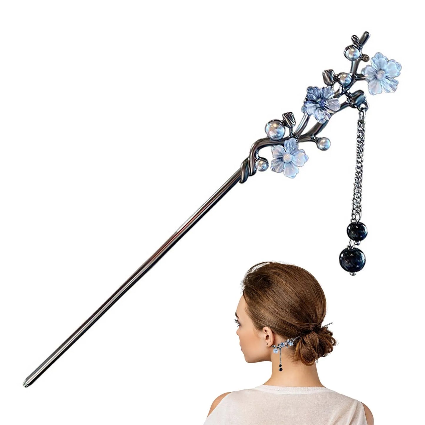 Elegant Flower Hair Sticks Forks Alloy Hair Clips Beads Chain Pendant Headpieces Women Retro Chinese Hair Jewelry Accessories