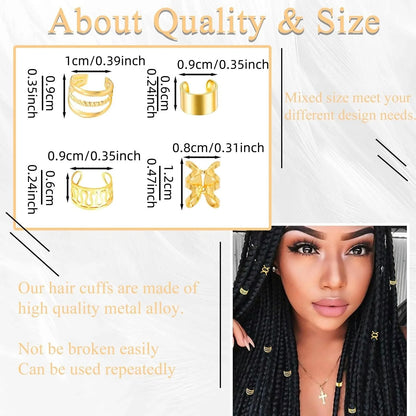 40PCS Hair Jewelry for Braids Gold Hair Cuffs Multi Style Rings Adjustable Hair Beads for Braid Loc Dreadlock Accessories