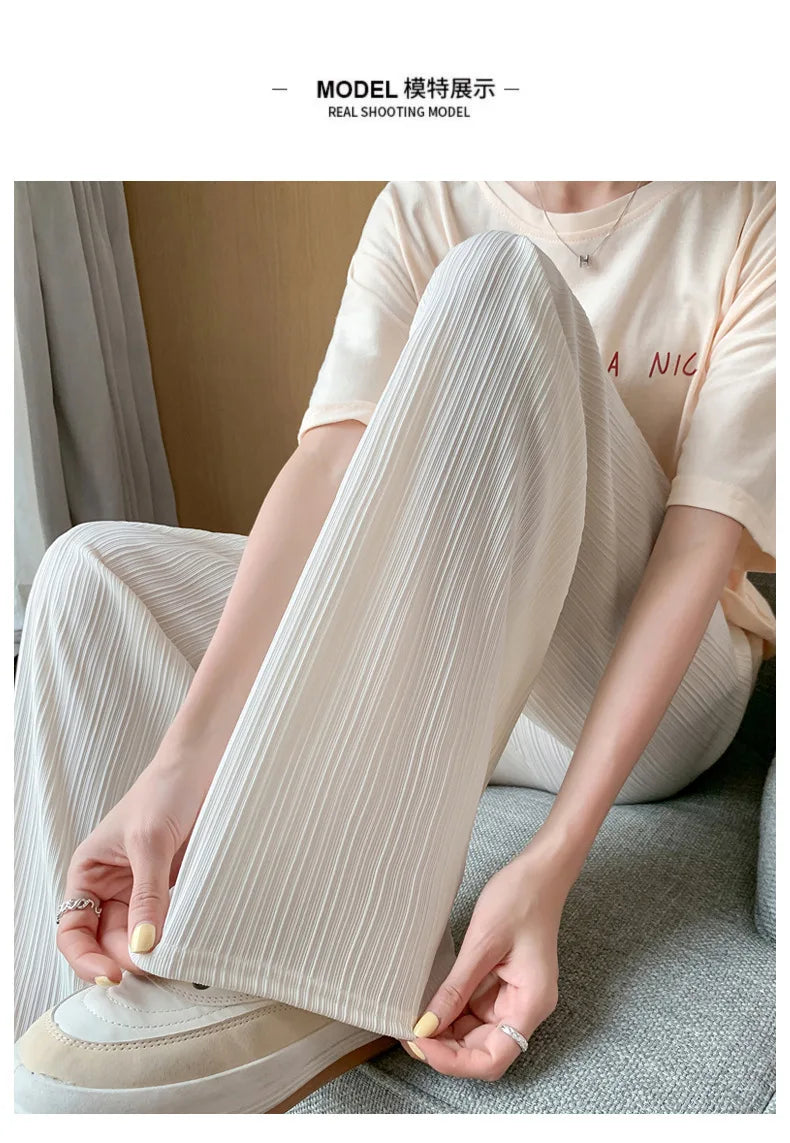 Thin Summer Wide-leg Pants Ice Filament Permeability Women Spring  Women Elastic Waist Stright Long Wide Leg Pants Casual Female