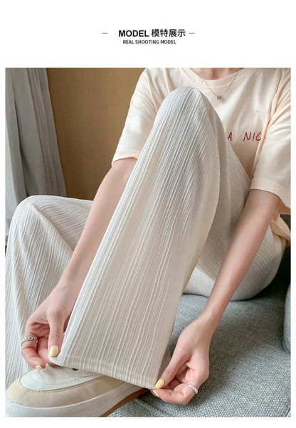 Thin Summer Wide-leg Pants Ice Filament Permeability Women Spring  Women Elastic Waist Stright Long Wide Leg Pants Casual Female