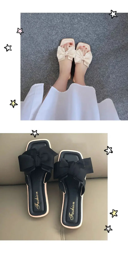 Bow slippers female summer wear new fashionable sweet girl flat bottom non-slip fairy wind word cool slippers female