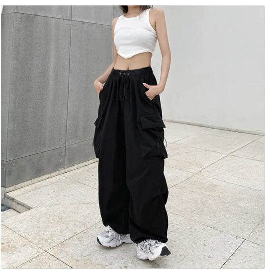 2025 Women Casual Joggers Tech Pants Solid Low Waist Pants Drawstring Wide Leg Baggy Trousers Y2k Streetwear Oversize Sweatpants