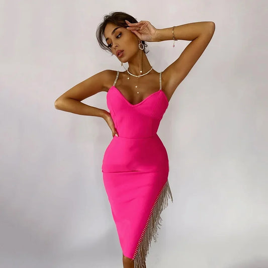2023 Autumn Sexy V-Neck Tank Side Slit Fringed Diamond Slims Your Smooth Silhouette Drawstring Dress Name Concentrates Gown