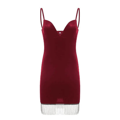 Summer Women's Backless Dinner Feeling Low Cut V-neck Velvet Tassel Suspended Dress With Waist Wrap To Show Thin Dress