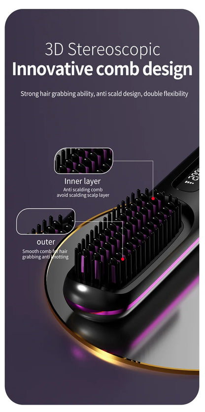 Convenient Mini Cordless Hair Straightener Brush with 3 Setting LED Temperature Display Electric Negative Ions Ceramic Hot Comb