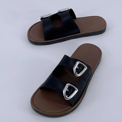 2025 New Slippers for Women Summer Outerwear Fashionable French Flat Soft Sole Anti-Slip Beach Belt Buckle Sandals