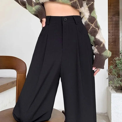 Korean Style Women Classic Suit Pants Office Lady Fashion High Waist Loose Straight Wide Leg Trousers Female Slacks Gray Pants