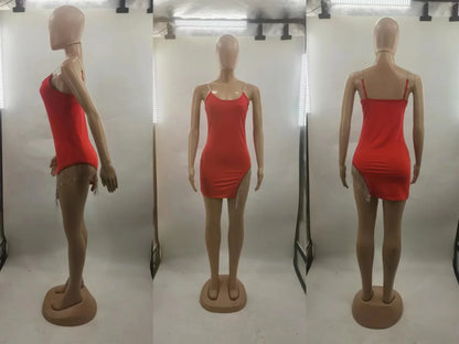Casual Women's Mini Skirt Diamond Trim Dress Pure Color Beaded Halter Bodycon Short Skirt Sexy Nightclub Style Mini Dress