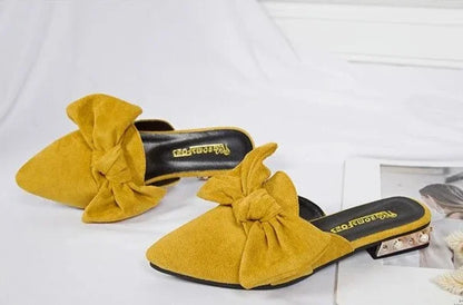 Slides With Bow Shoes for Women Low Heel Woman Slippers Original 39 Non Slip Sandals Summer Footwear 2025 Trend Easy Wears Shoe
