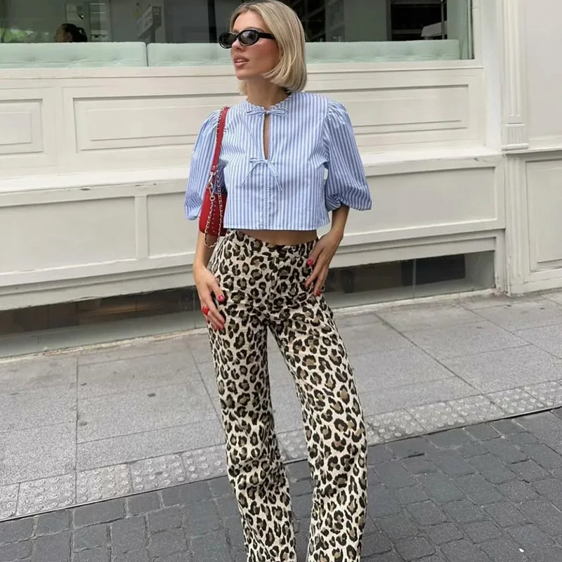 TRAF Women's Trousers Leopard Print Pants For Women Vintage High Waist Baggy Wide Pants Woman Streetwear Straight Long Pants
