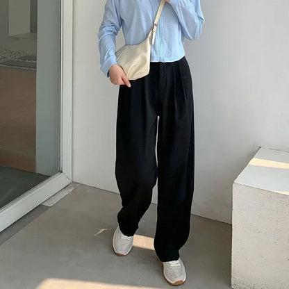 Women Solid High Waist Suit Pants Fall Straight  Fashion Trousers Casual Button Loose Office Ladies Korean Female Pant New