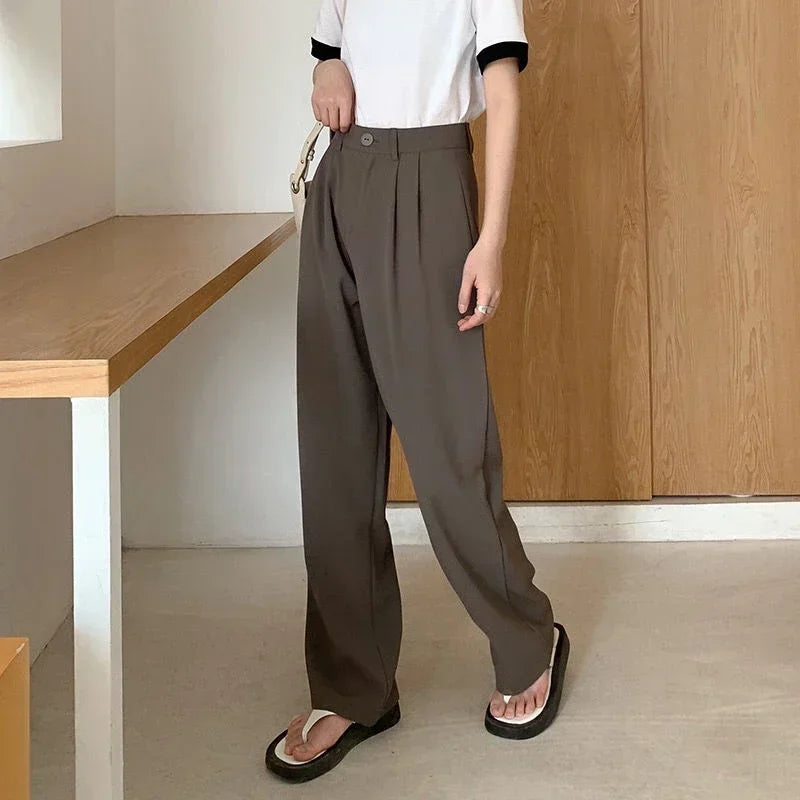Women Solid High Waist Suit Pants Fall Straight  Fashion Trousers Casual Button Loose Office Ladies Korean Female Pant New