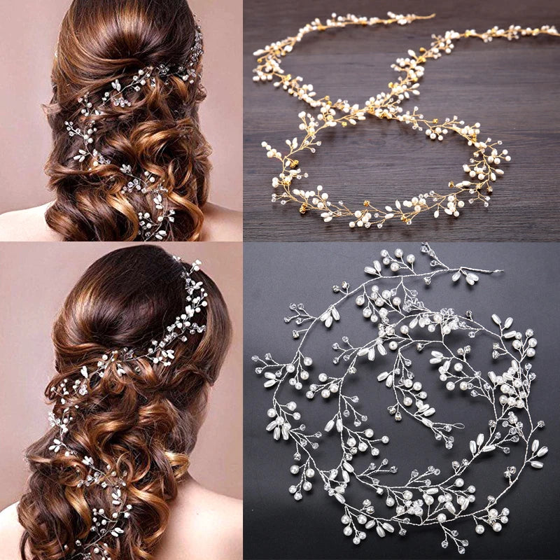 35/50cm Long Bridal Handmade Crystal Pearl Hair Band Headdress Wedding Hair Accessories Beads Headband Jewelry Fashion Headdress