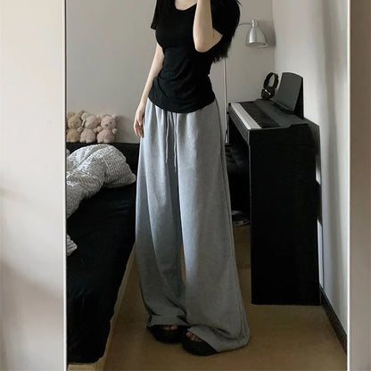 R2024 Harajuku Wide Leg Sweatpants for Women Elastic Waist Casual Sport Pants Woman Streetwear Gray Oversize Sportswear Female