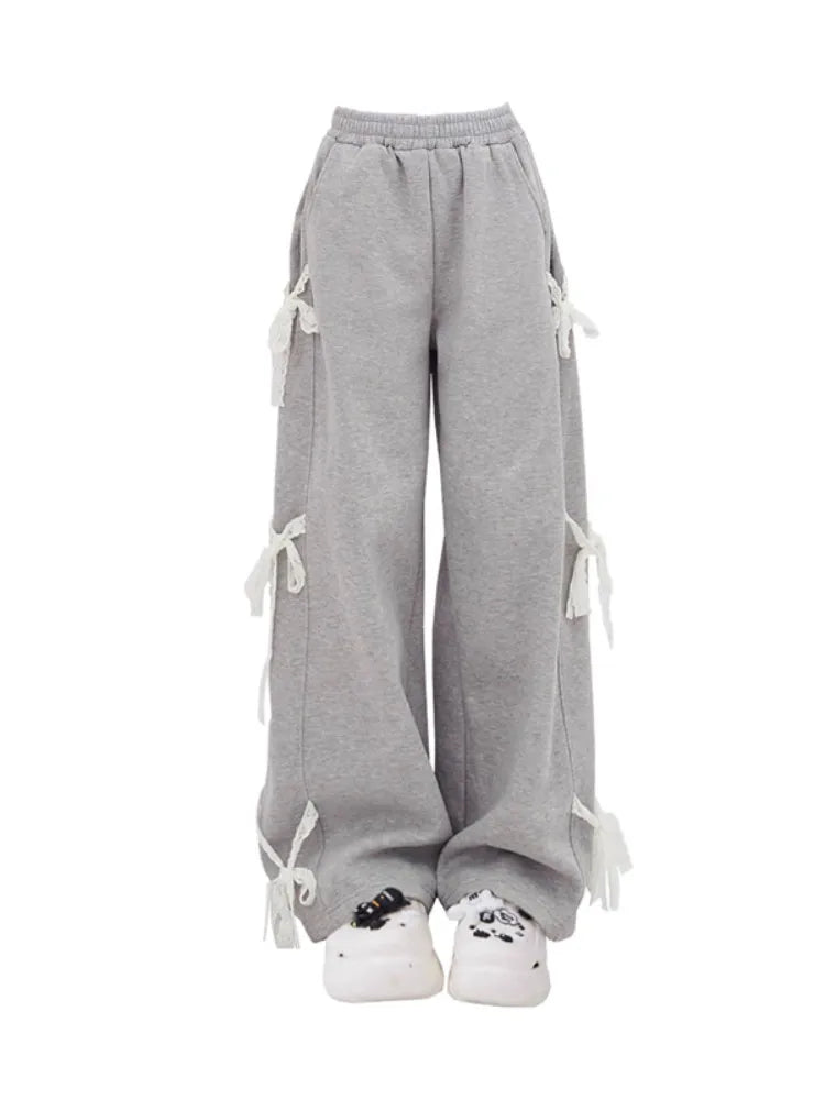 Women's Grey Lace Lace-up Pants Vintage Y2k Harajuku 90s Aesthetic Sweatpants Retro High Waist Wide Trousers 2000s Clothes 2024