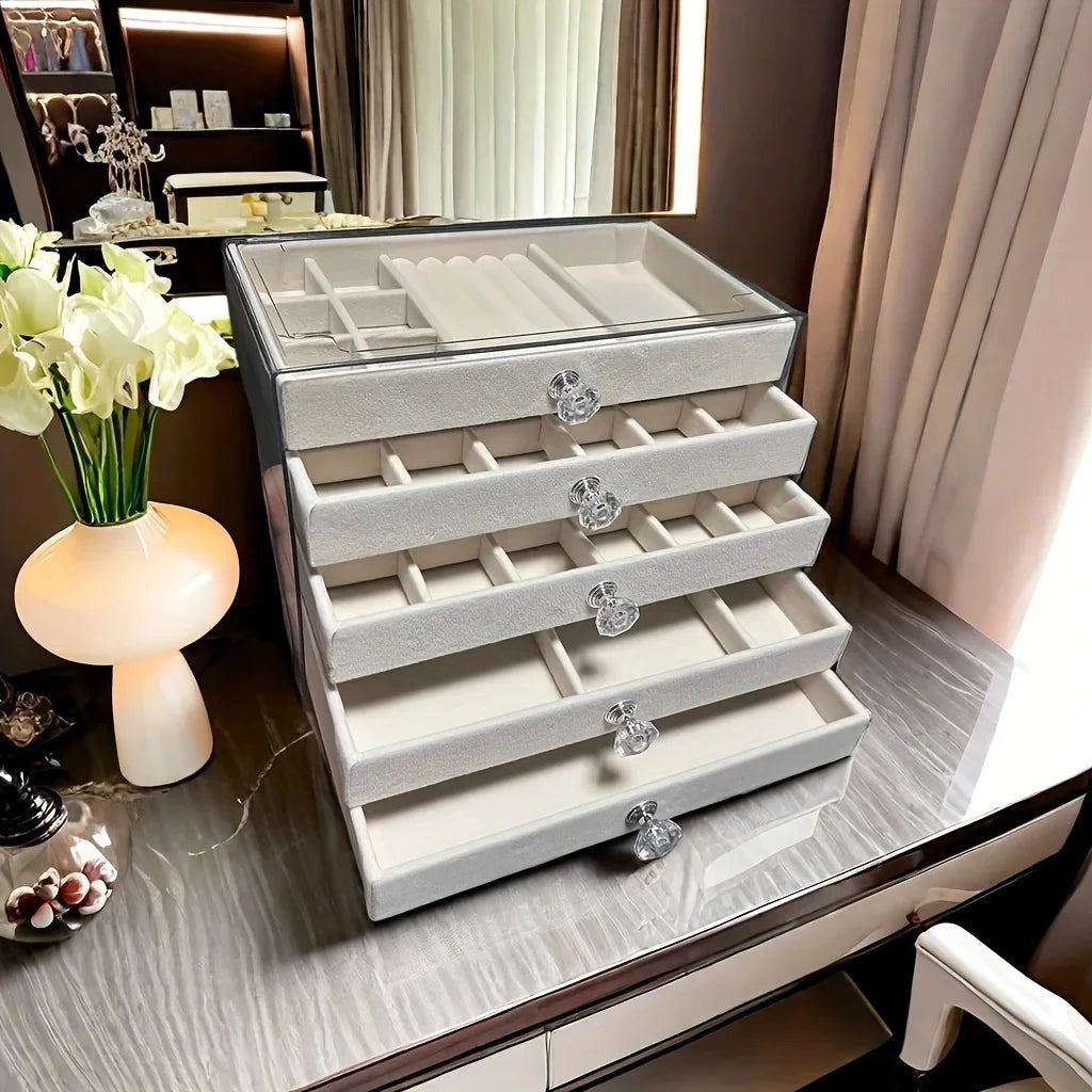 New upgrades 5 Layers of Velvet Jewellery Organiser Drawer Velvet Jewelry Box Earrings Bracelet Organizer Jewelry Display Box