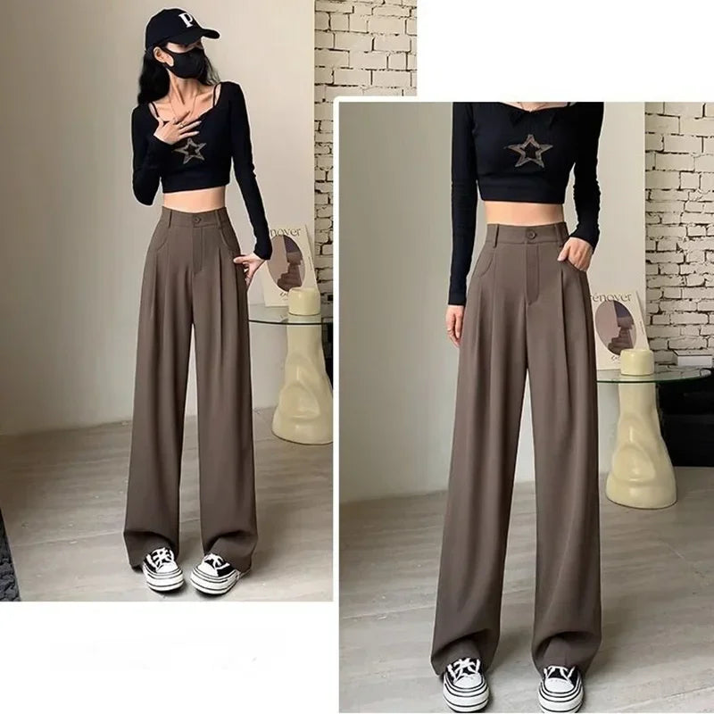 Korean Style Women Classic Suit Pants Office Lady Fashion High Waist Loose Straight Wide Leg Trousers Female Slacks Gray Pants