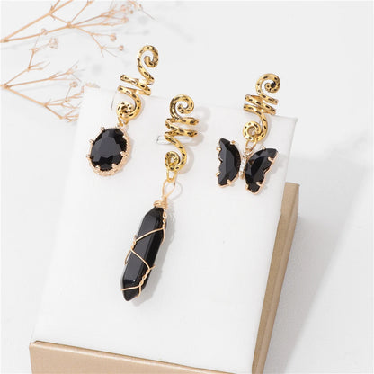 Green Crystal Aventurines Butterfly Hexagonal Prism Round Shape Hair Clip 3pcs/Set Headwear Women Healing Reiki Hair Accessories