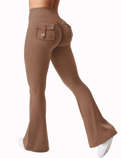 New women's casual flared yoga pants, training flared pants, high waisted work clothes, belt pocket sportswear