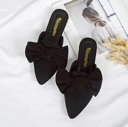 Slides With Bow Shoes for Women Low Heel Woman Slippers Original 39 Non Slip Sandals Summer Footwear 2025 Trend Easy Wears Shoe