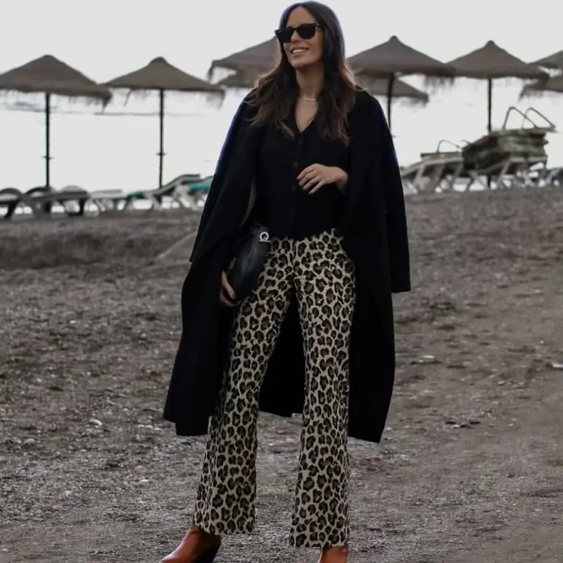 TRAF Women's Trousers Leopard Print Pants For Women Vintage High Waist Baggy Wide Pants Woman Streetwear Straight Long Pants
