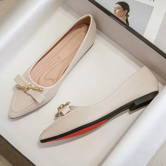 Women's Flat Shoes Beige Pointed Toe with Bow Office Ladies Footwear 2025 New Offers Walking Y2k Fashion Designer Luxury Trends