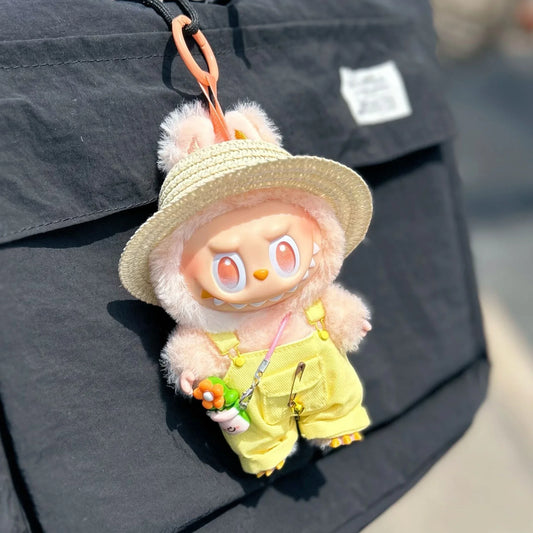 Ropa Labubu Doll Big Into Energy Summer Overalls Straw Hat Doll Clothes Set with Belt Decoration