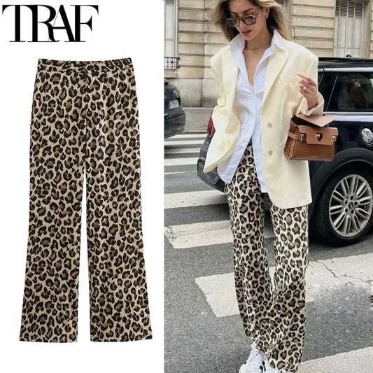 TRAF Women's Trousers Leopard Print Pants For Women Vintage High Waist Baggy Wide Pants Woman Streetwear Straight Long Pants