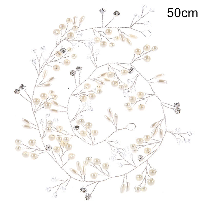 35/50cm Long Bridal Handmade Crystal Pearl Hair Band Headdress Wedding Hair Accessories Beads Headband Jewelry Fashion Headdress