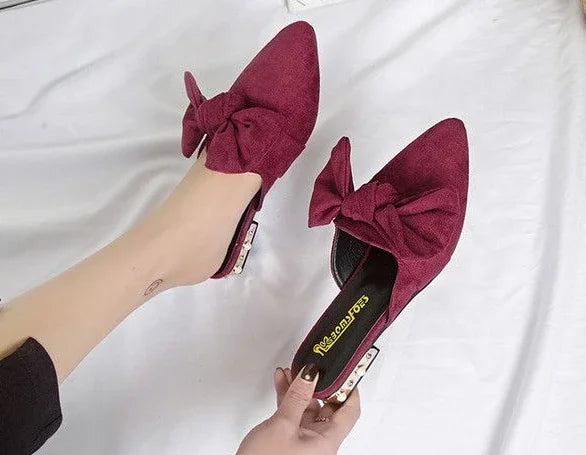 Slides With Bow Shoes for Women Low Heel Woman Slippers Original 39 Non Slip Sandals Summer Footwear 2025 Trend Easy Wears Shoe
