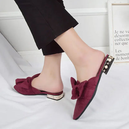 Slides With Bow Shoes for Women Low Heel Woman Slippers Original 39 Non Slip Sandals Summer Footwear 2025 Trend Easy Wears Shoe