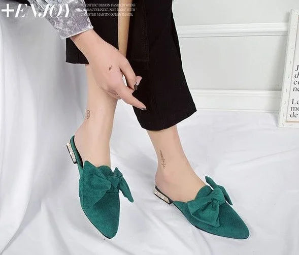 Slides With Bow Shoes for Women Low Heel Woman Slippers Original 39 Non Slip Sandals Summer Footwear 2025 Trend Easy Wears Shoe