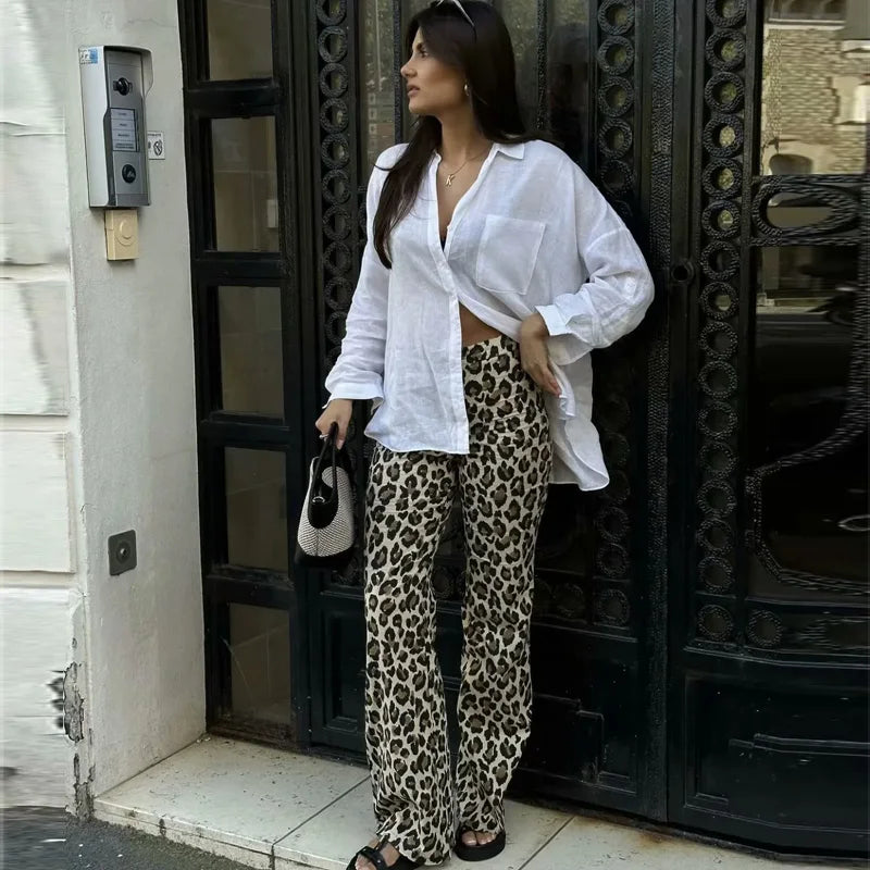 TRAF Women's Trousers Leopard Print Pants For Women Vintage High Waist Baggy Wide Pants Woman Streetwear Straight Long Pants