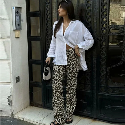 TRAF Women's Trousers Leopard Print Pants For Women Vintage High Waist Baggy Wide Pants Woman Streetwear Straight Long Pants