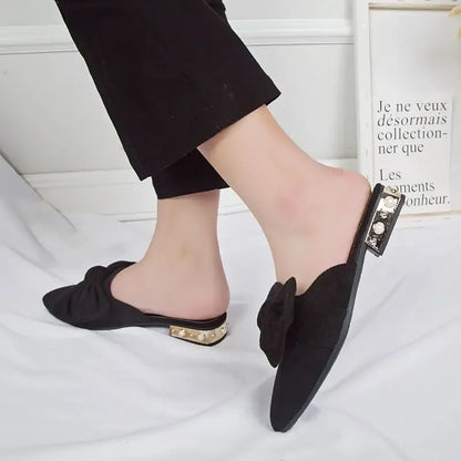 Slides With Bow Shoes for Women Low Heel Woman Slippers Original 39 Non Slip Sandals Summer Footwear 2025 Trend Easy Wears Shoe