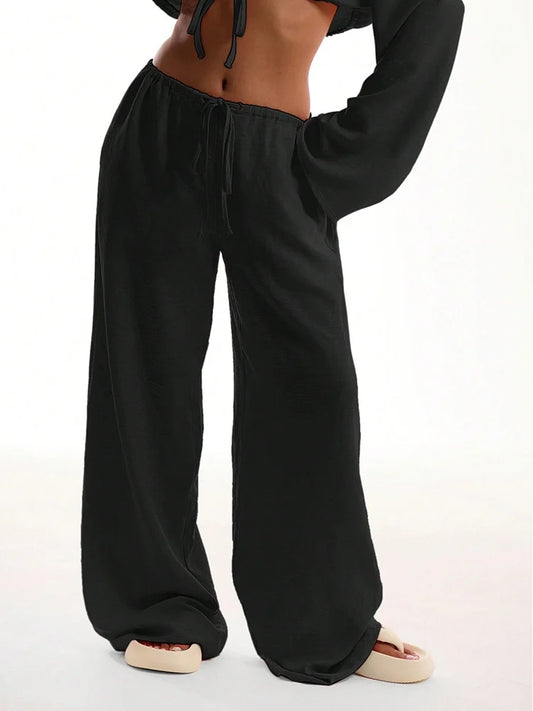 2025 New Spring Summer Wide Leg Pants Fashion Women Black Solid Loose Drawstring Baggy Pant Casual Pocket High Waist Trousers