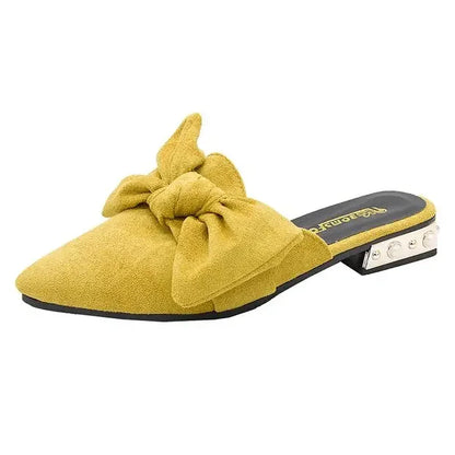 Slides With Bow Shoes for Women Low Heel Woman Slippers Original 39 Non Slip Sandals Summer Footwear 2025 Trend Easy Wears Shoe