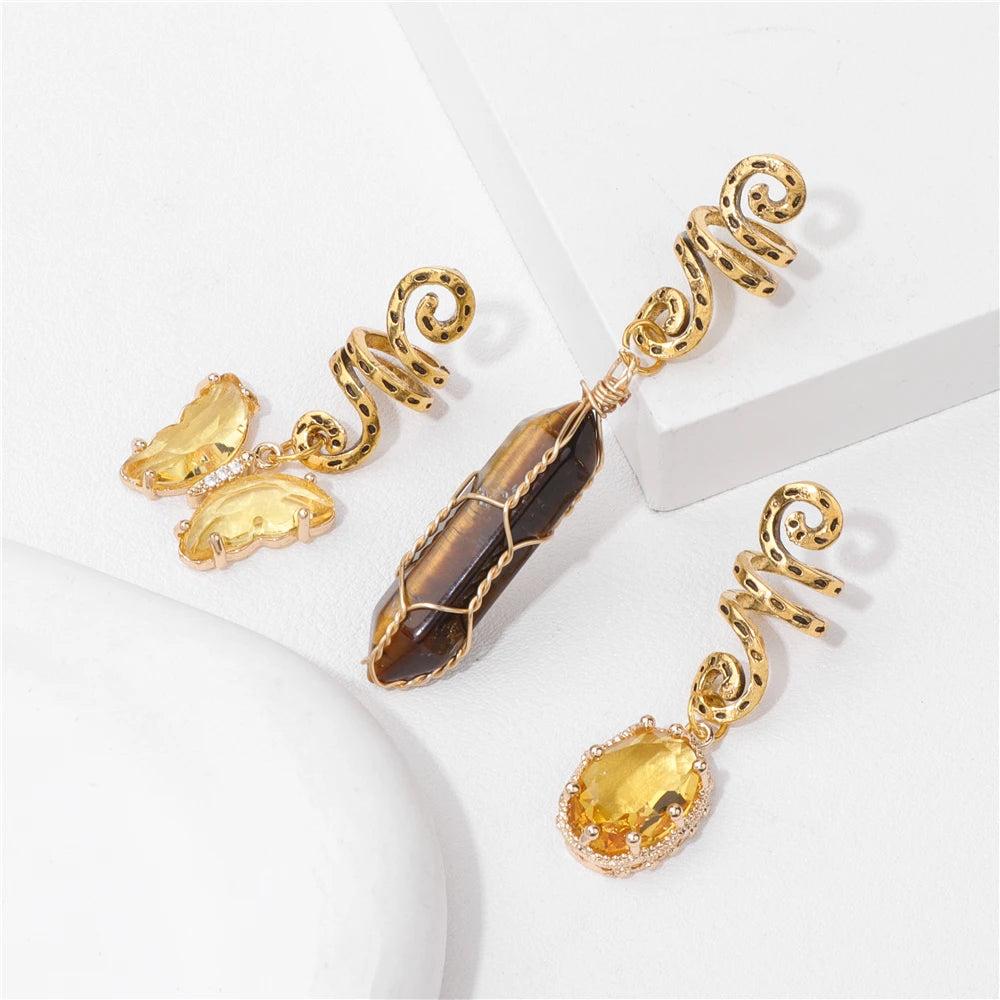 Green Crystal Aventurines Butterfly Hexagonal Prism Round Shape Hair Clip 3pcs/Set Headwear Women Healing Reiki Hair Accessories