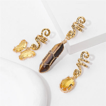 Green Crystal Aventurines Butterfly Hexagonal Prism Round Shape Hair Clip 3pcs/Set Headwear Women Healing Reiki Hair Accessories
