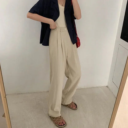 Women Solid High Waist Suit Pants Fall Straight  Fashion Trousers Casual Button Loose Office Ladies Korean Female Pant New