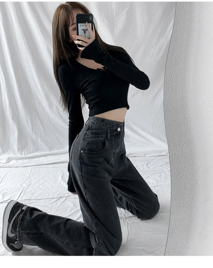 1970s Retro Crossbody High-waist Slimming Drag-on Straight-crotch Long Pants Women Summer Cotton Material