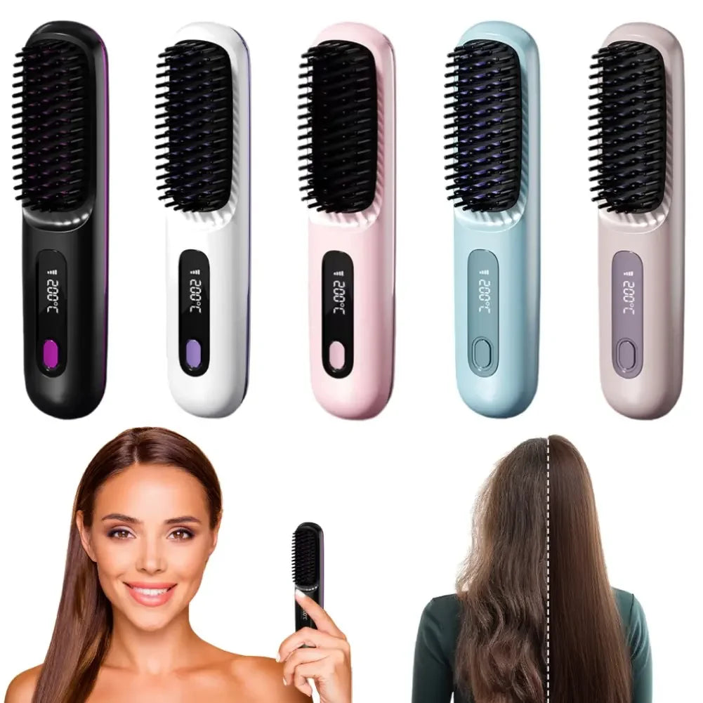 Electric LCD USB Ceramic Heating Straight Hair Comb Wireless Portable Negative Ion Styling Tool Rechargeable Straightening Brush
