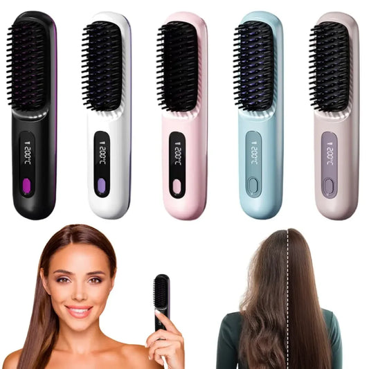 Electric LCD USB Ceramic Heating Straight Hair Comb Wireless Portable Negative Ion Styling Tool Rechargeable Straightening Brush