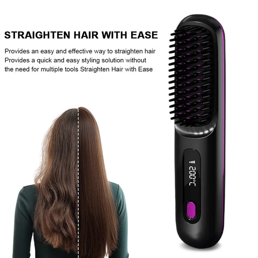 Electric LCD USB Ceramic Heating Straight Hair Comb Wireless Portable Negative Ion Styling Tool Rechargeable Straightening Brush