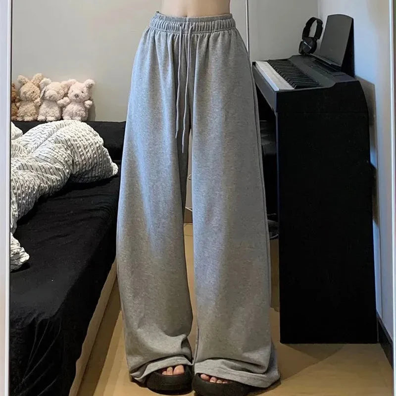 R2024 Harajuku Wide Leg Sweatpants for Women Elastic Waist Casual Sport Pants Woman Streetwear Gray Oversize Sportswear Female