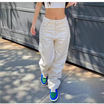 Full Length Women Jeans Solid Distressed Denim Straight Pants Pockets Loose Casual Mid Waist Basics Zipper Fly Flat Washing